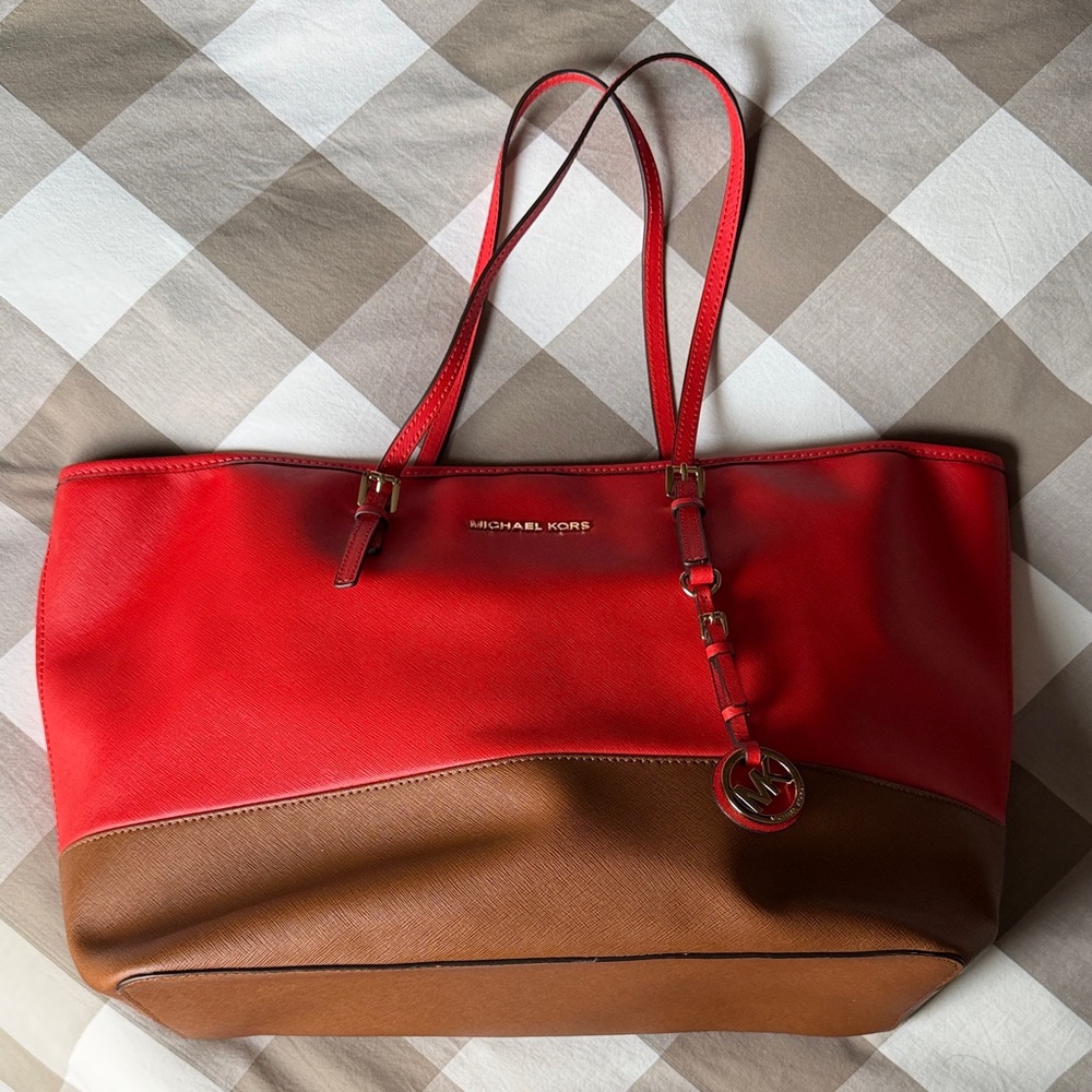 Michael Kors Vibrant Red and Rich Brown Tote